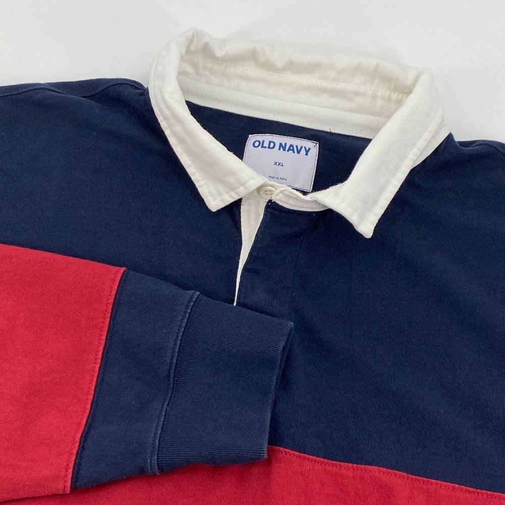 Old Navy Mens XXL Rugby Shirt Navy Blue Red Striped Long Sleeve Cotton Jersey